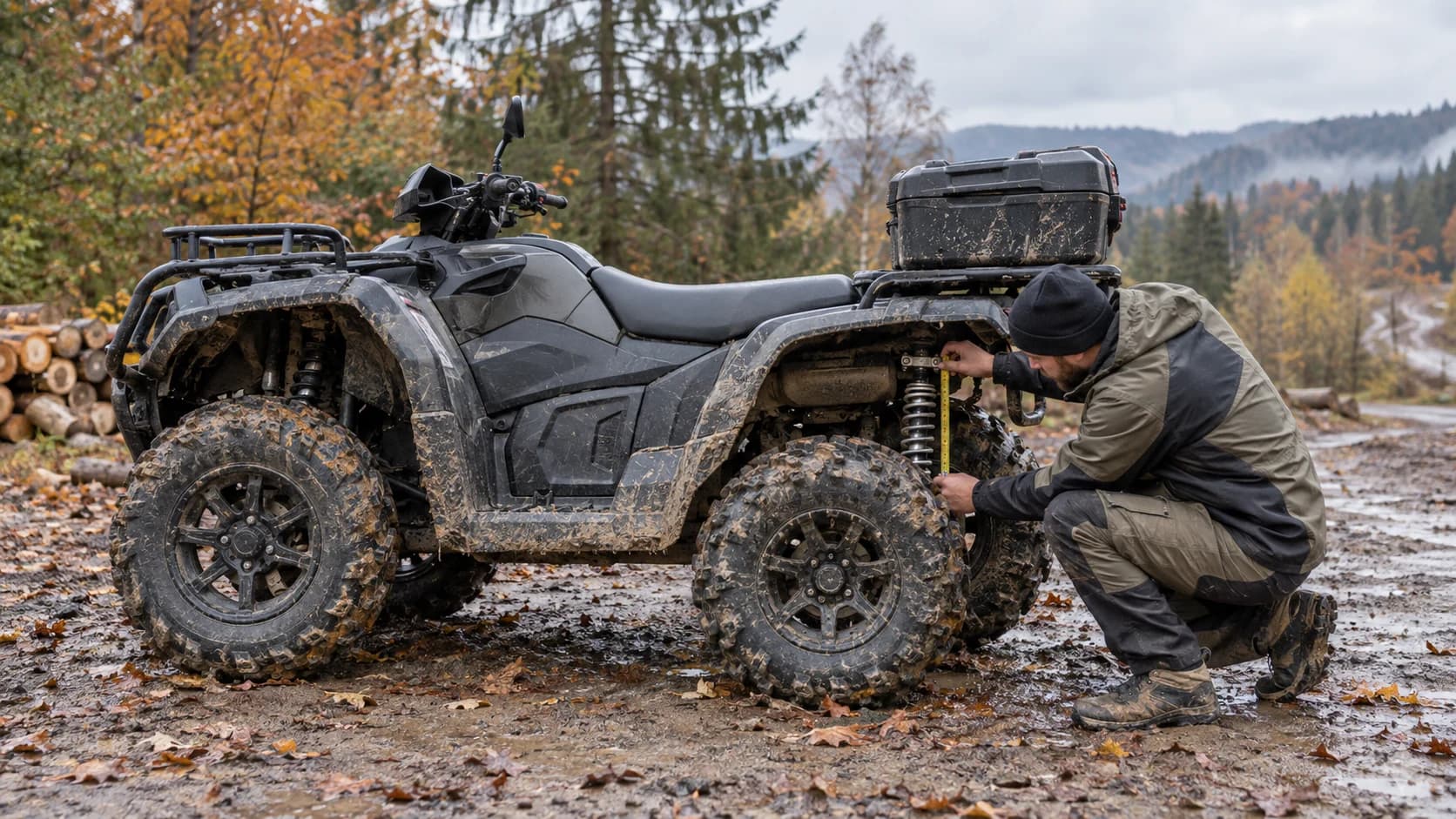 ATV utilitar verificat la suspensia spate pe un drum forestier noroios