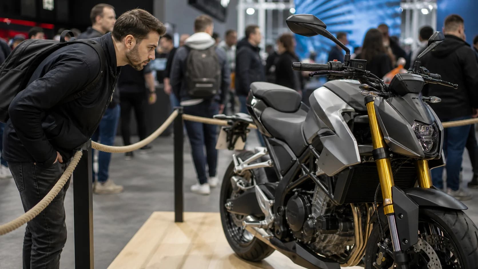 Vizitator analizând o motocicletă prezentată la un salon moto