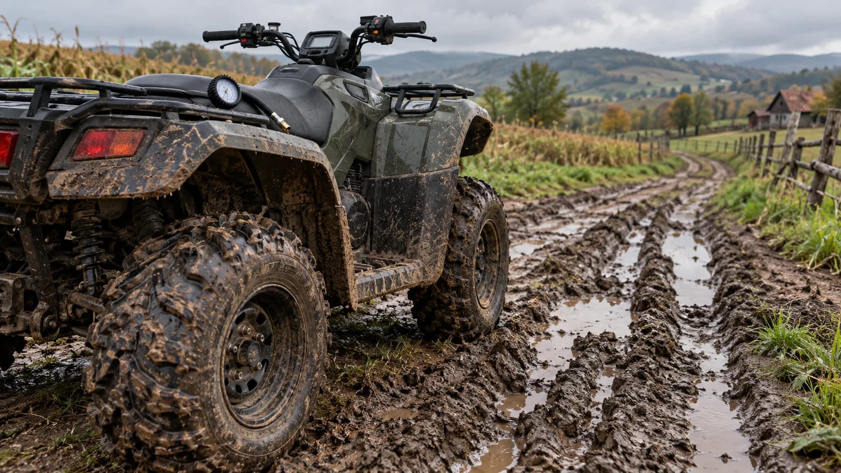 ATV utilitar acoperit de noroi lângă urme adânci pe un drum rural