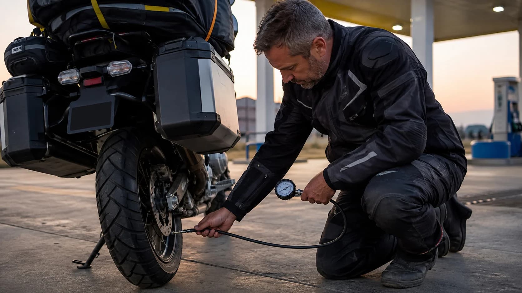 Motociclist care verifică presiunea anvelopei spate la o motocicletă touring încărcată