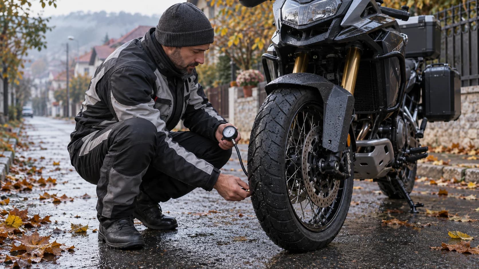 Rider verificând presiunea anvelopei față pe o motocicletă touring într-o dimineață rece