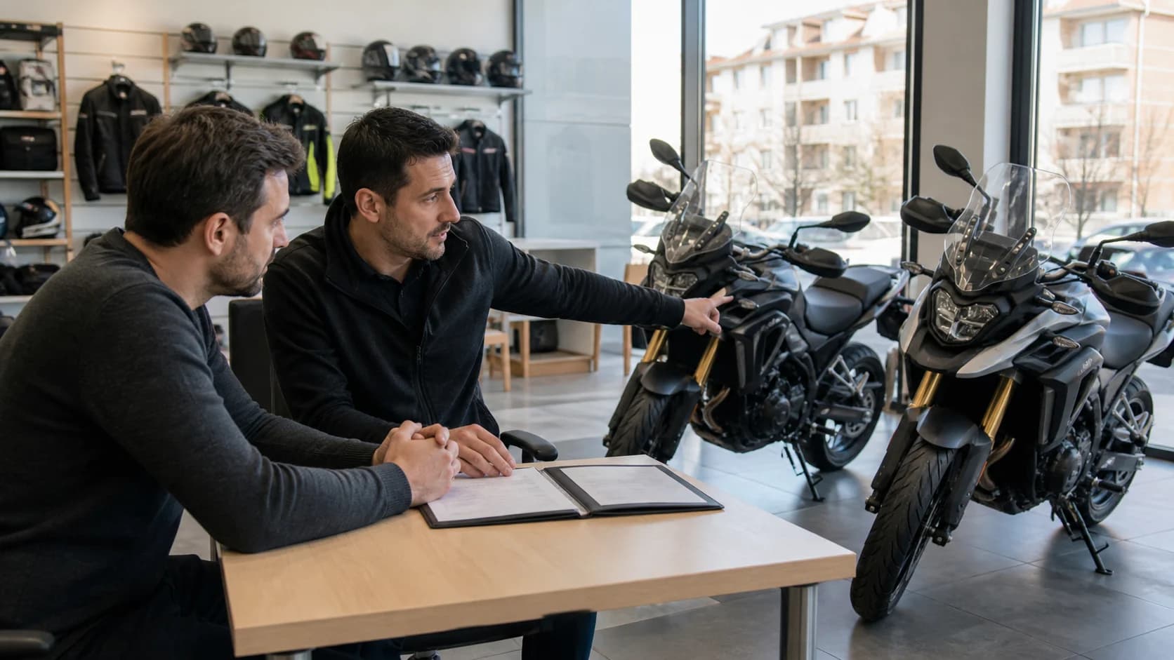 Cumpărător comparând două motociclete și o ofertă într-un showroom