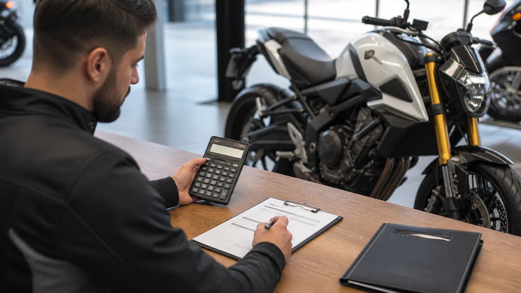 Cumpărător calculând costul final al unei motociclete în showroom