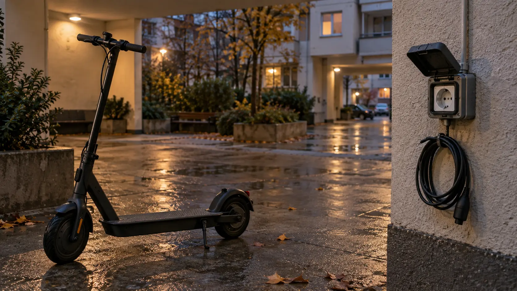 Scuter electric lângă o priză exterioară protejată într-o curte de bloc umedă