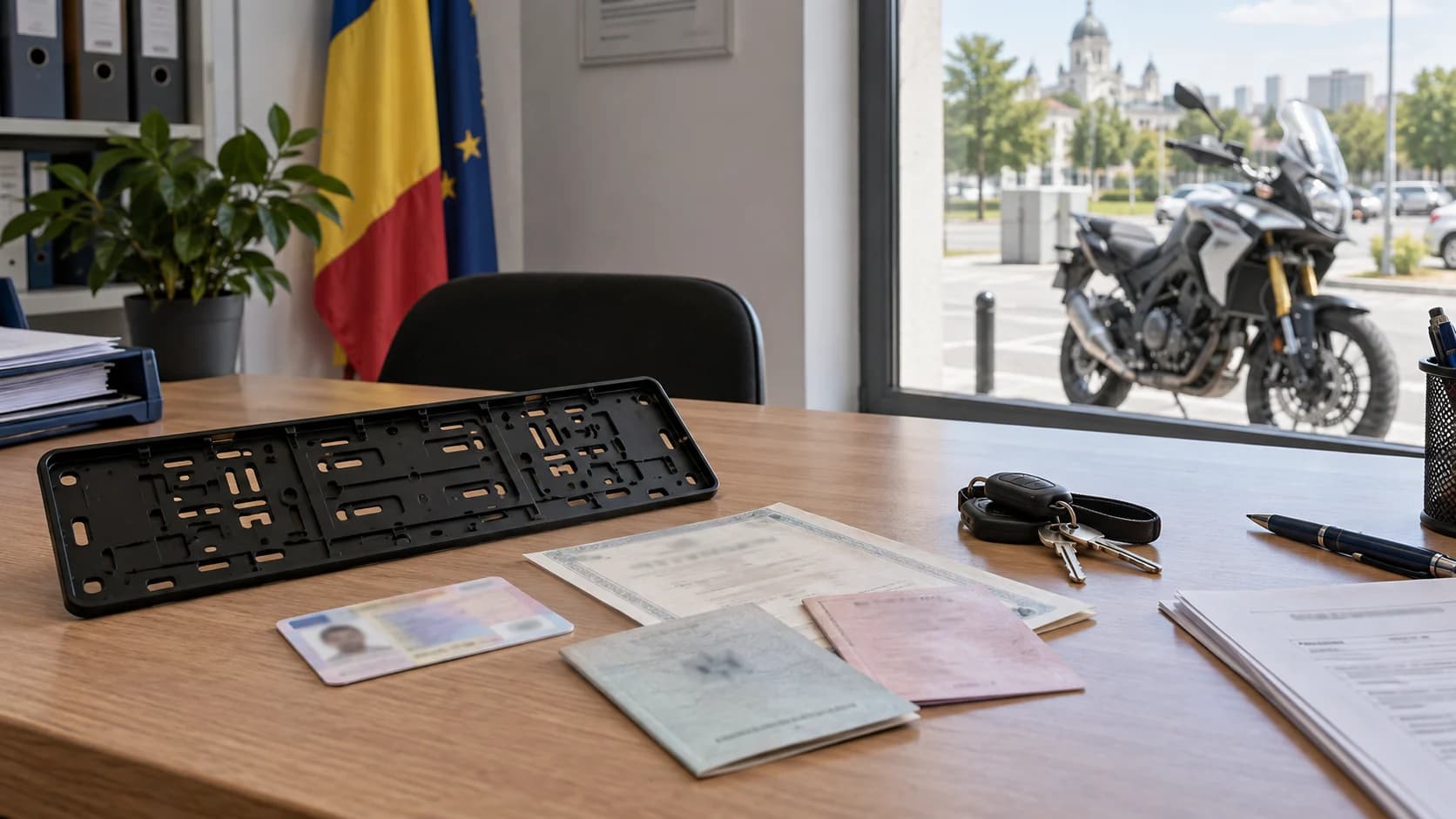 acte de înmatriculare, suport de număr și chei de motocicletă pe un birou administrativ