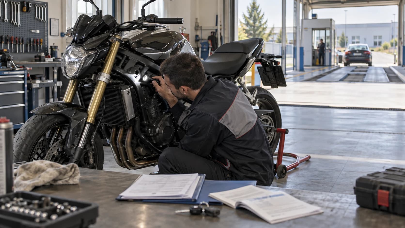 Motocicletă verificată într-un atelier lângă zonă de inspecție tehnică
