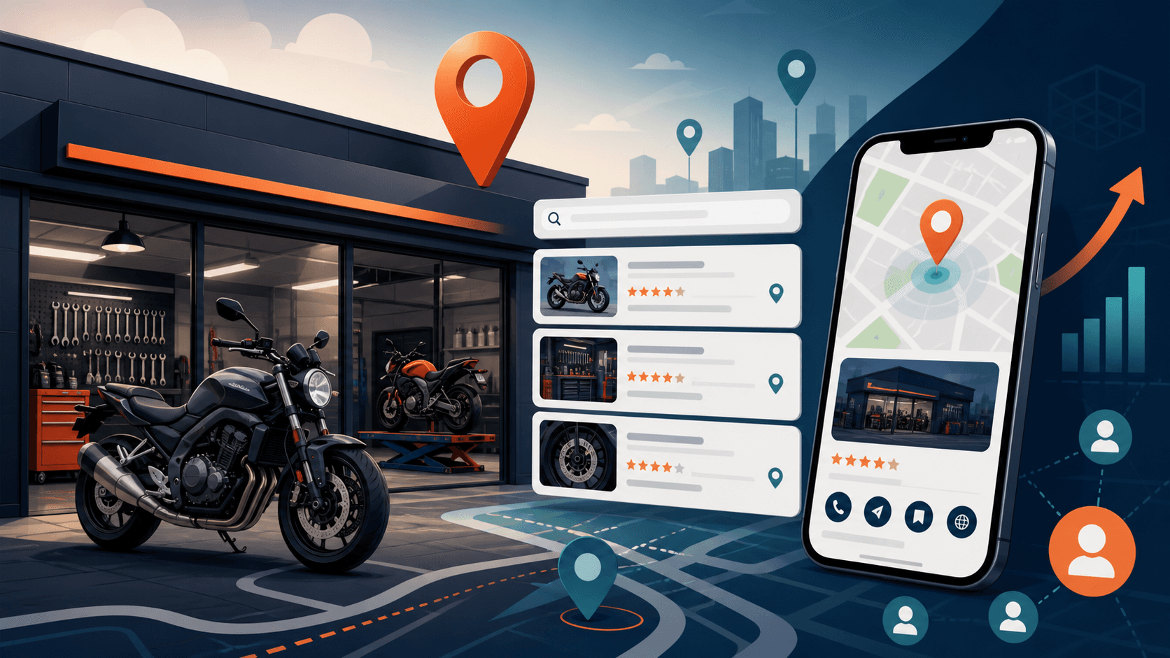 Ilustrație modernă cu service moto și prezență locală în rezultate de căutare
