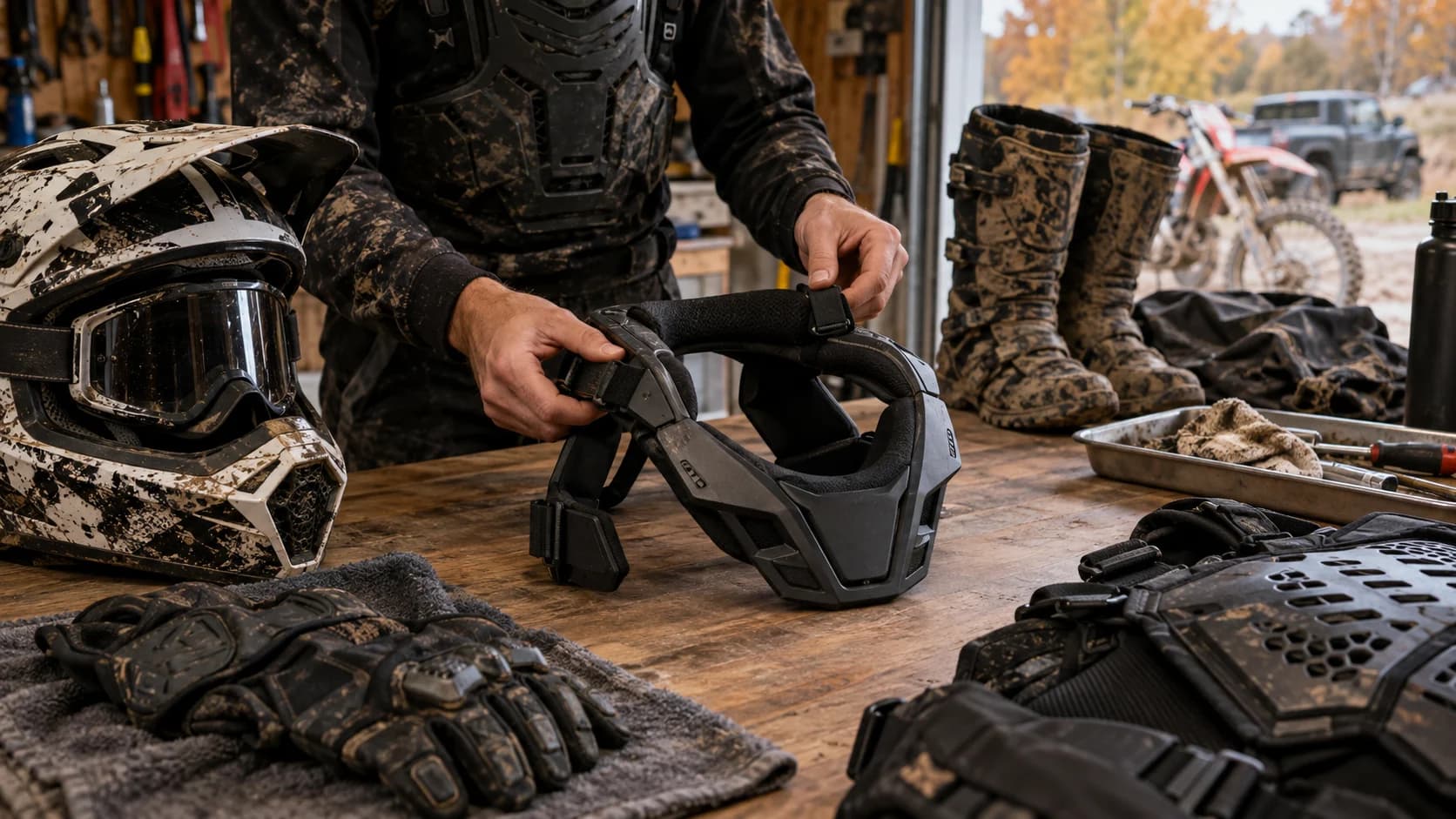 Protecție de gât moto off-road verificată pe o masă de atelier
