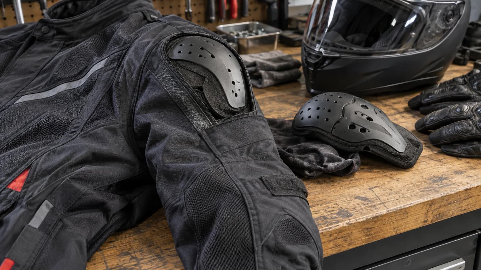 geacă moto textilă cu protecții scoase pe un banc de lucru