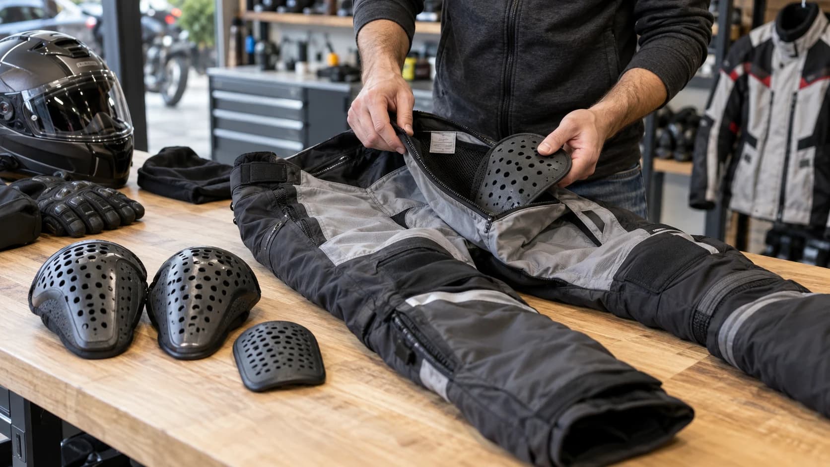 Pantaloni moto cu protecții de șold scoase pe un banc de lucru din magazin