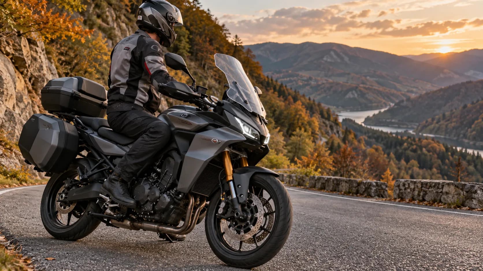 Motocicletă touring fără sigle pe un drum virajat de munte, cu detaliu realist pe schimbător și cizmă moto