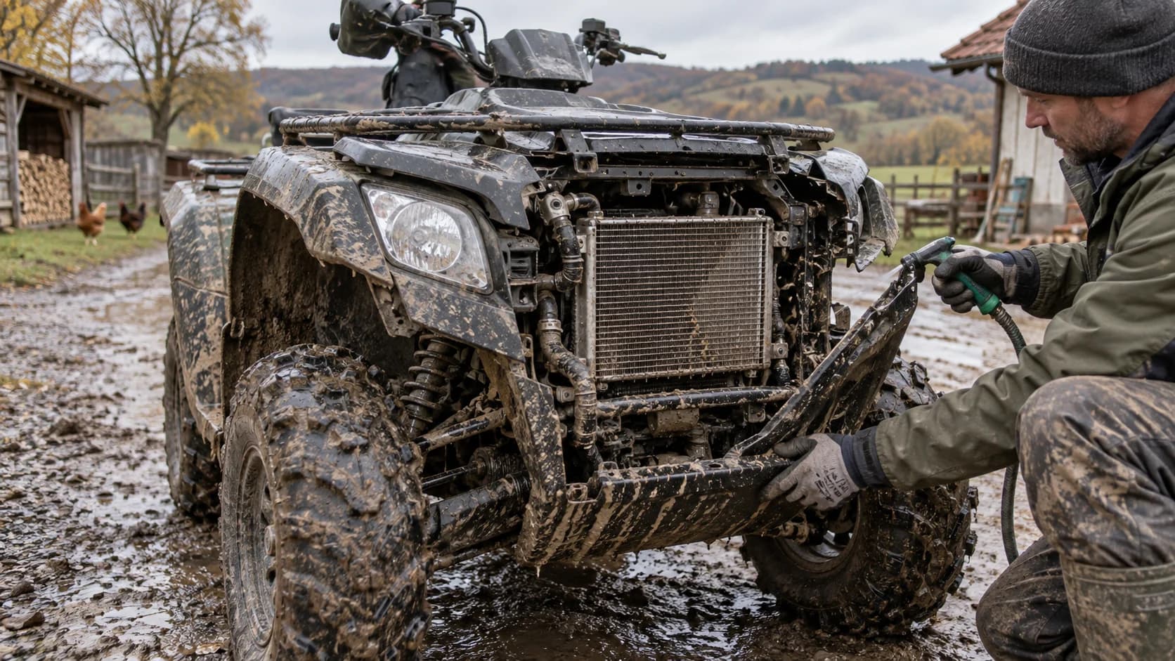 ATV noroios cu radiatorul frontal verificat după o zi de lucru la țară
