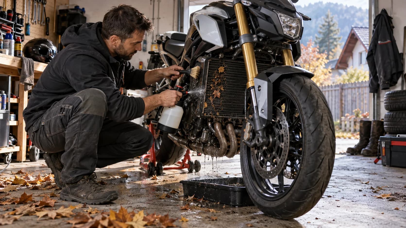 Rider curățând blând radiatorul unei motociclete în garaj înainte de iarnă