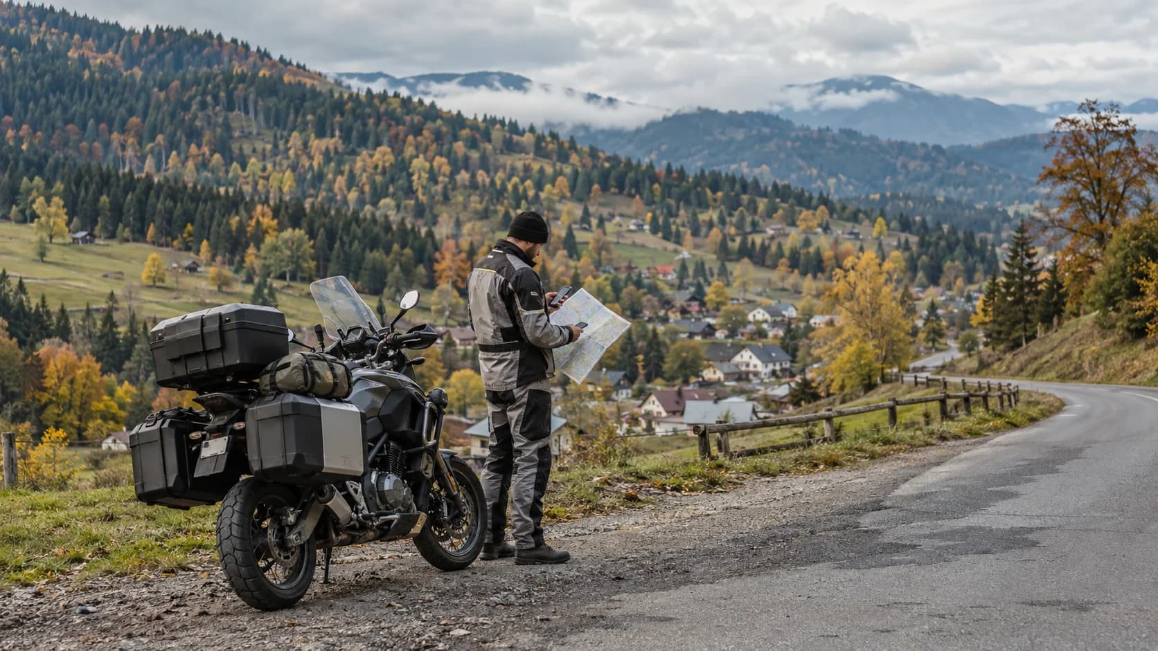 Motocicletă touring oprită pe un drum din Bucovina toamna cu dealuri împădurite în fundal