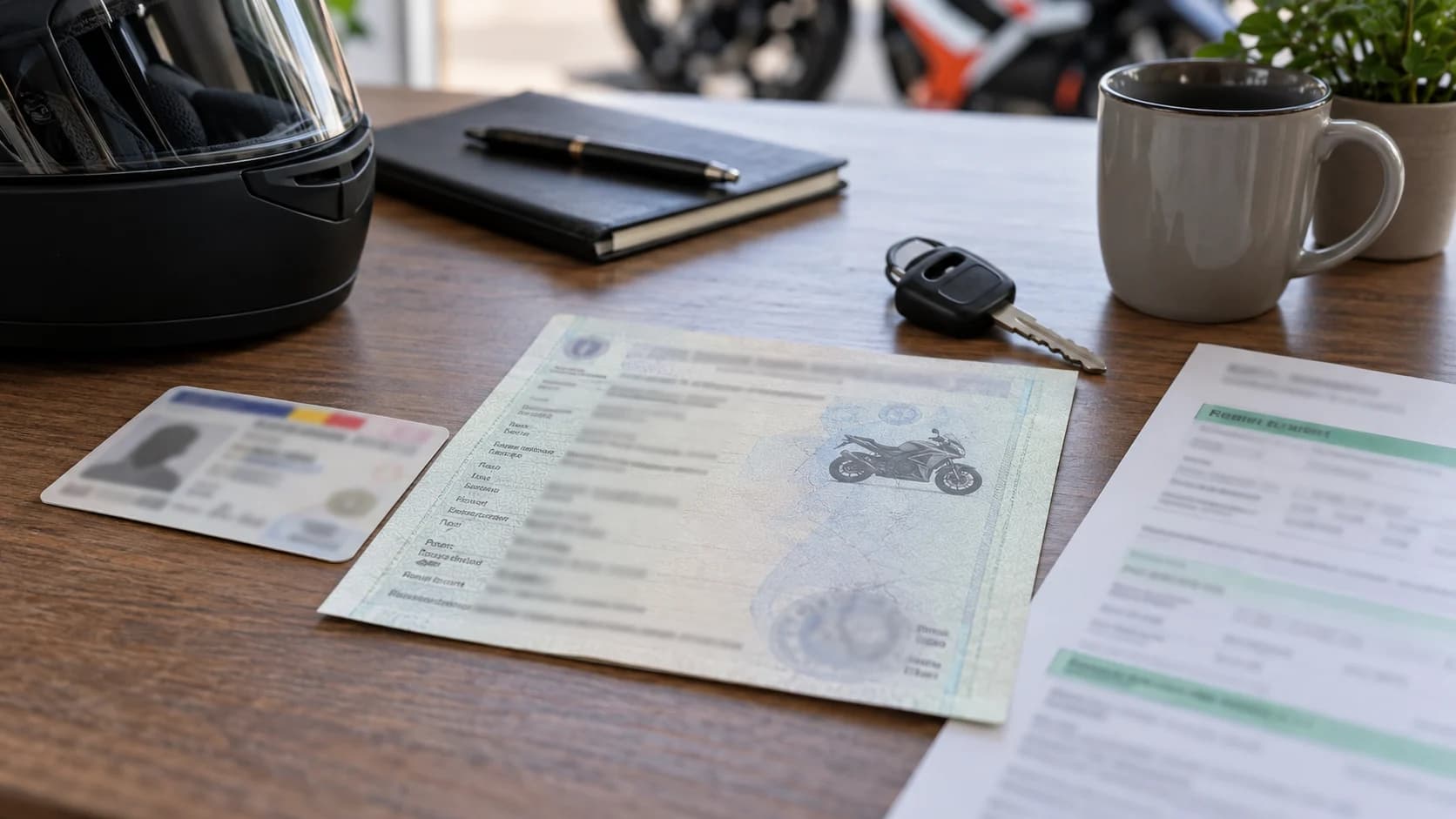 documente de motocicletă și cheie pe un birou