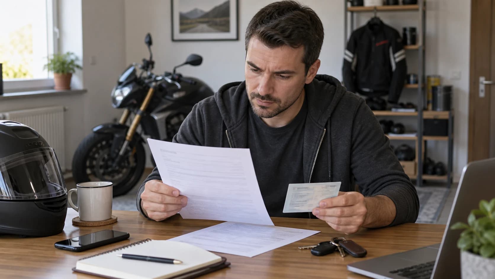 Motociclist care verifică documentele RCA și actele motocicletei la birou