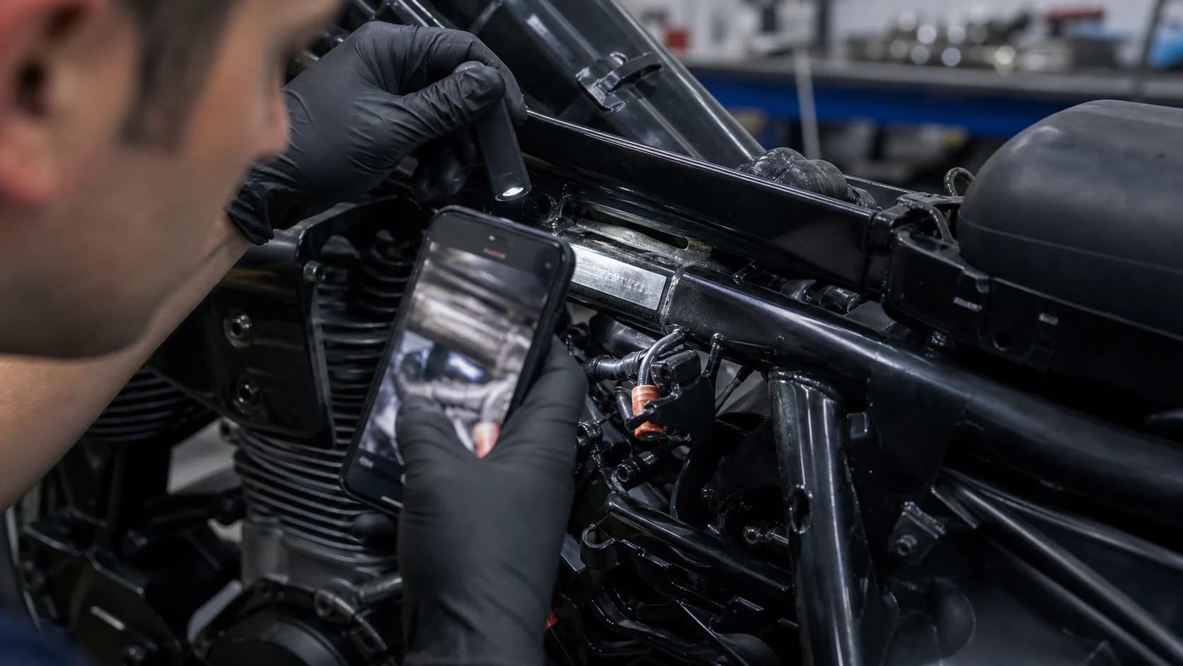 Mecanic verificând seria de șasiu a unei motociclete într-un atelier