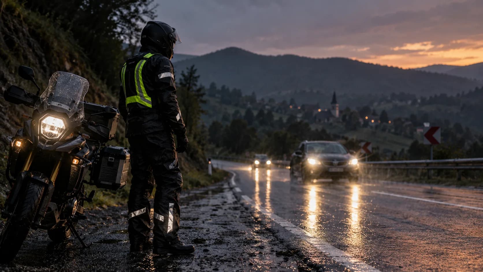 Motociclist în echipament de ploaie cu elemente reflectorizante pe marginea drumului
