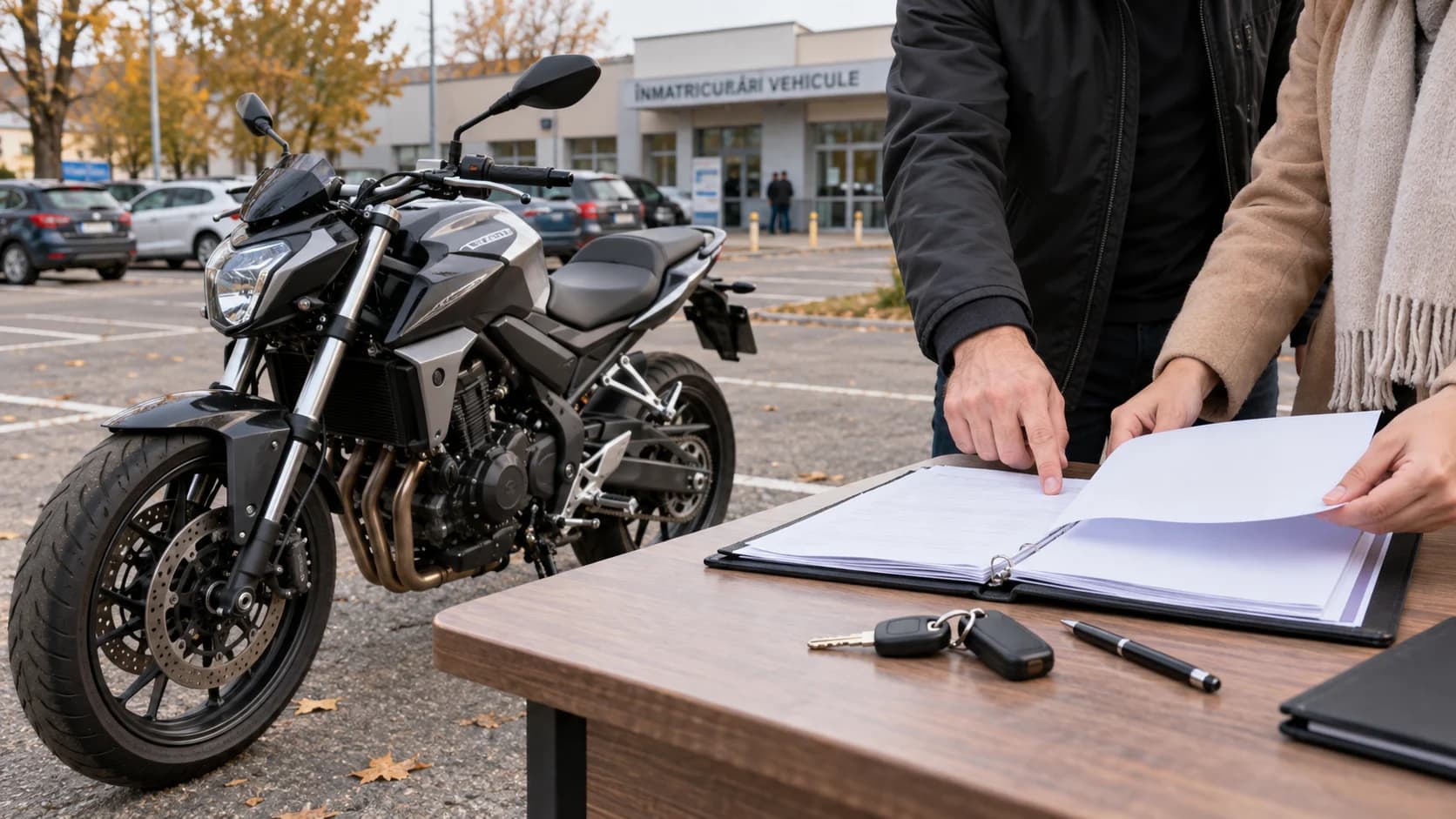 cumpărător și vânzător care verifică acte lângă o motocicletă într-o parcare