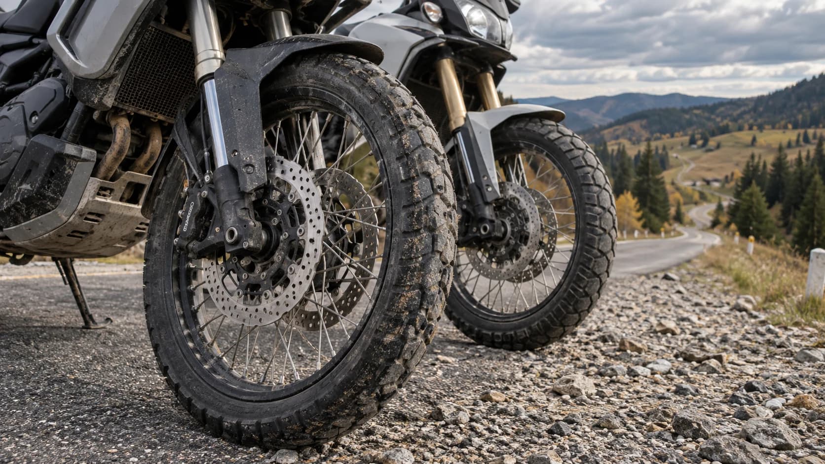Motocicletă adventure cu roată față mare pe drum mixt asfalt și pietriș