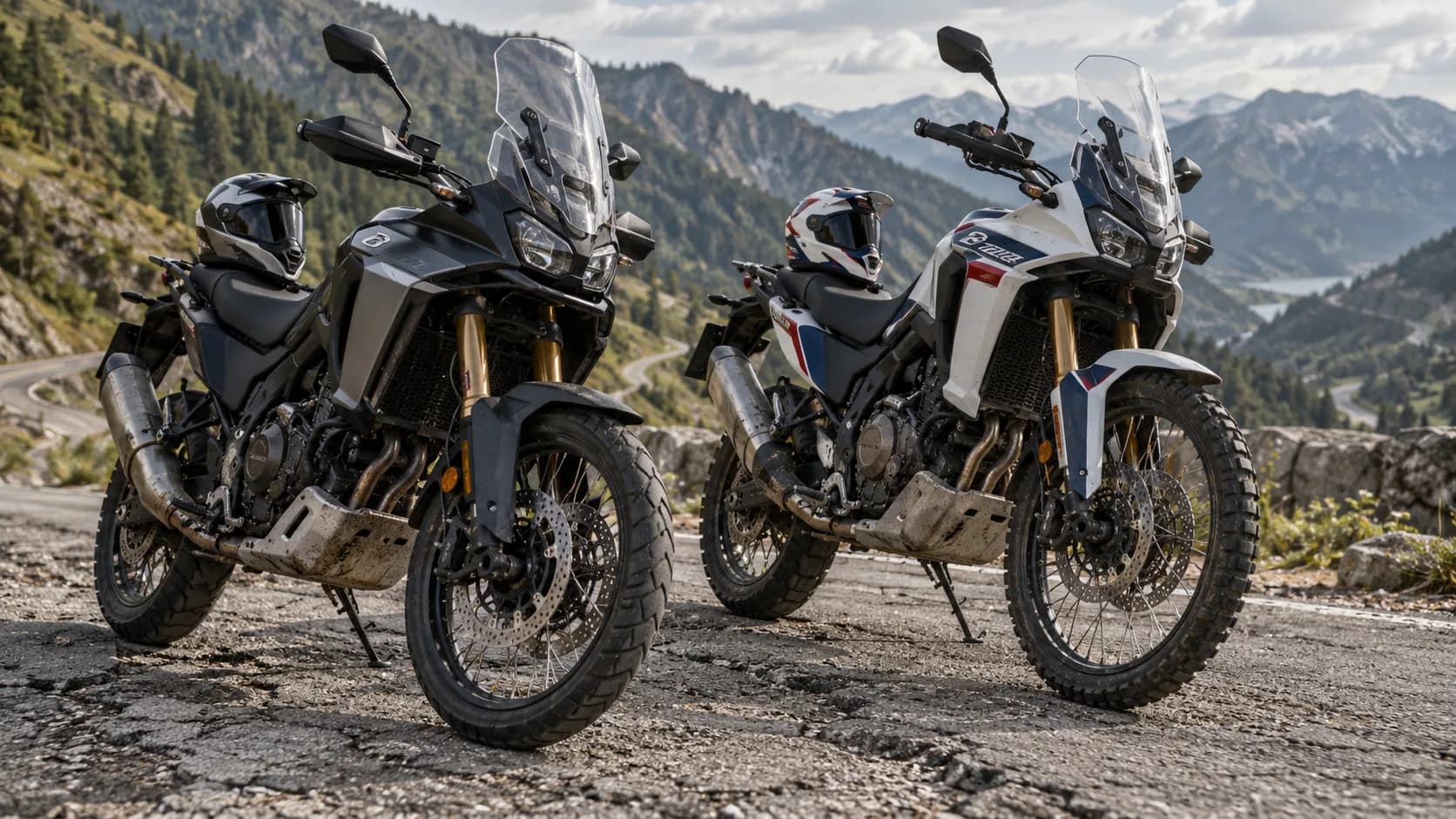 Două motociclete adventure cu roți față diferite pe asfalt de munte