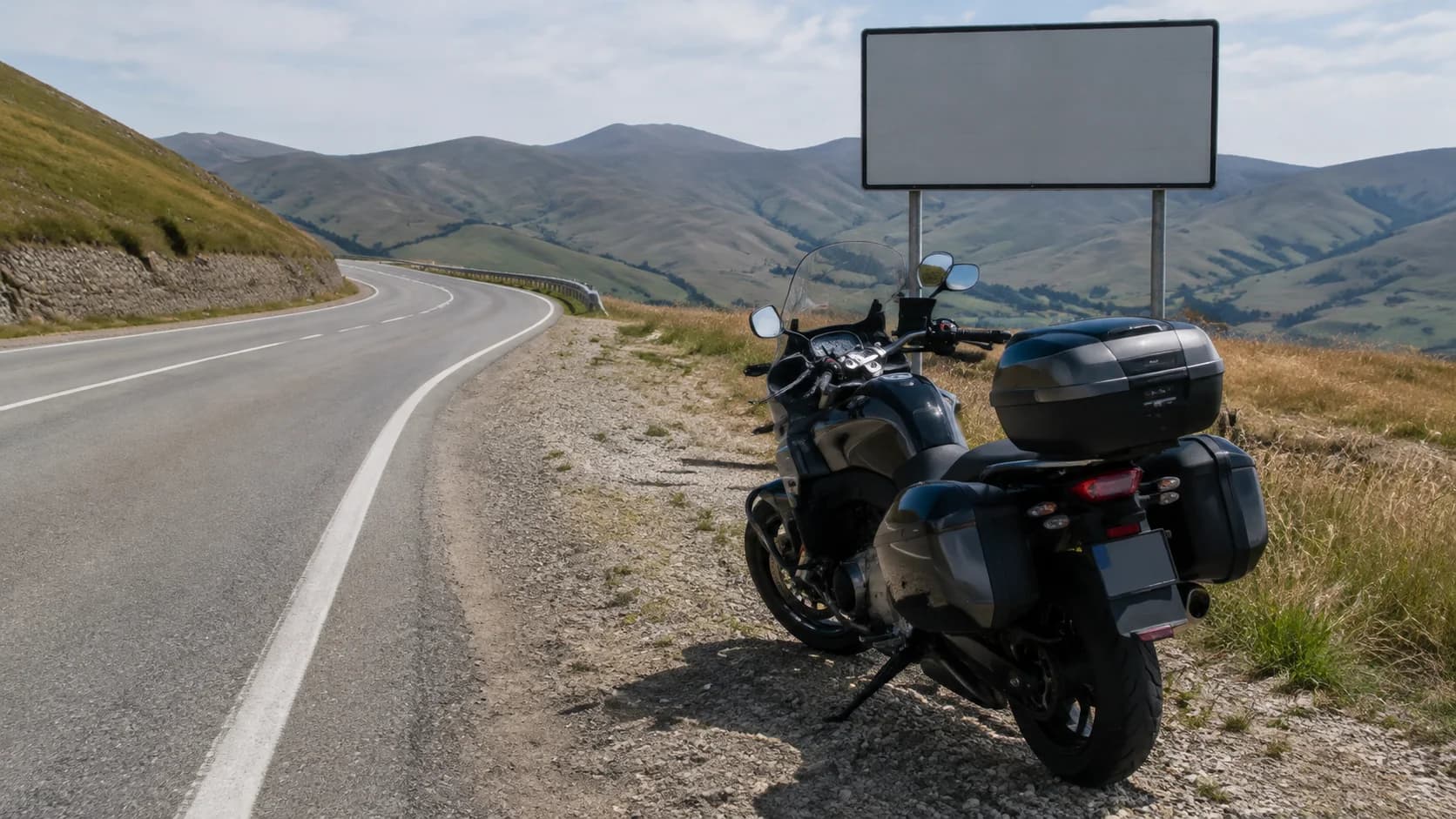 Motocicletă touring pe un drum național lângă un panou rutier fără text lizibil