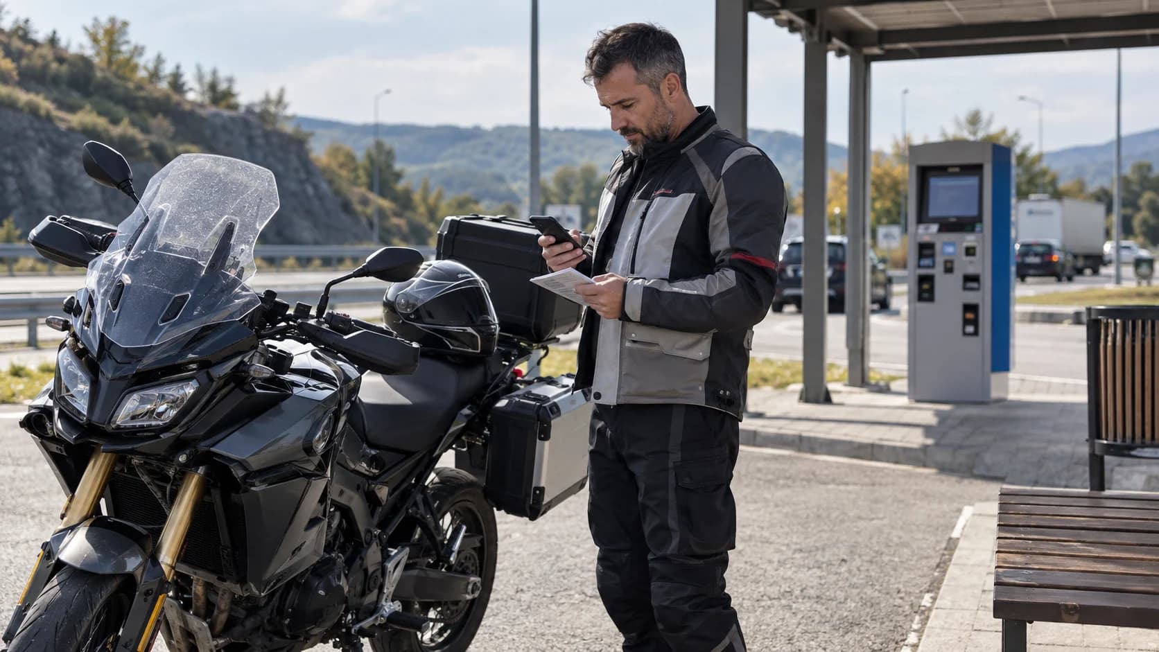 Motociclist verifică telefonul lângă o motocicletă touring într-o parcare de drum național