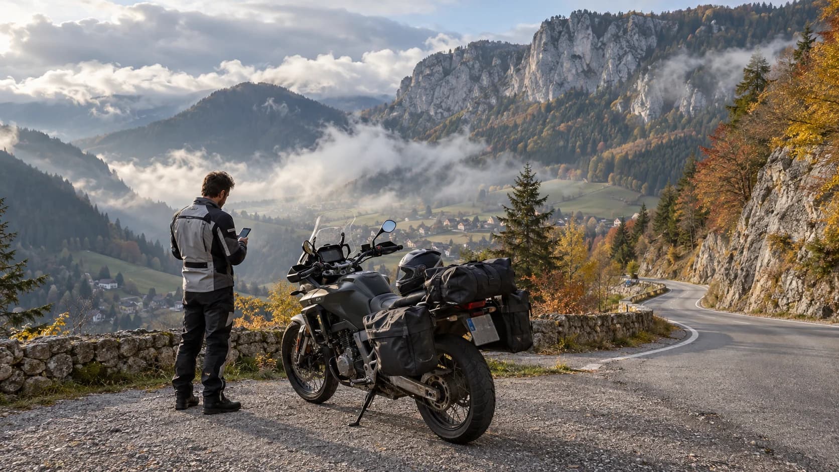 Motocicletă de touring la un punct de belvedere pe un drum montan de toamnă