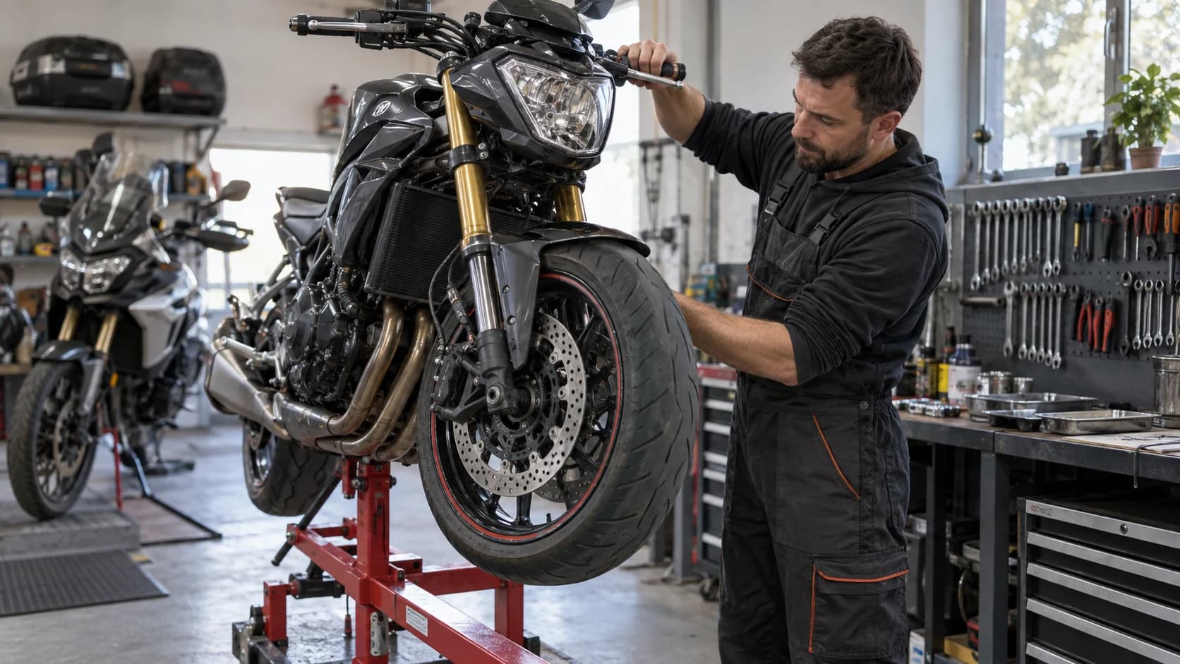 Mecanic verificând direcția unei motociclete ridicate pe stand într-un service