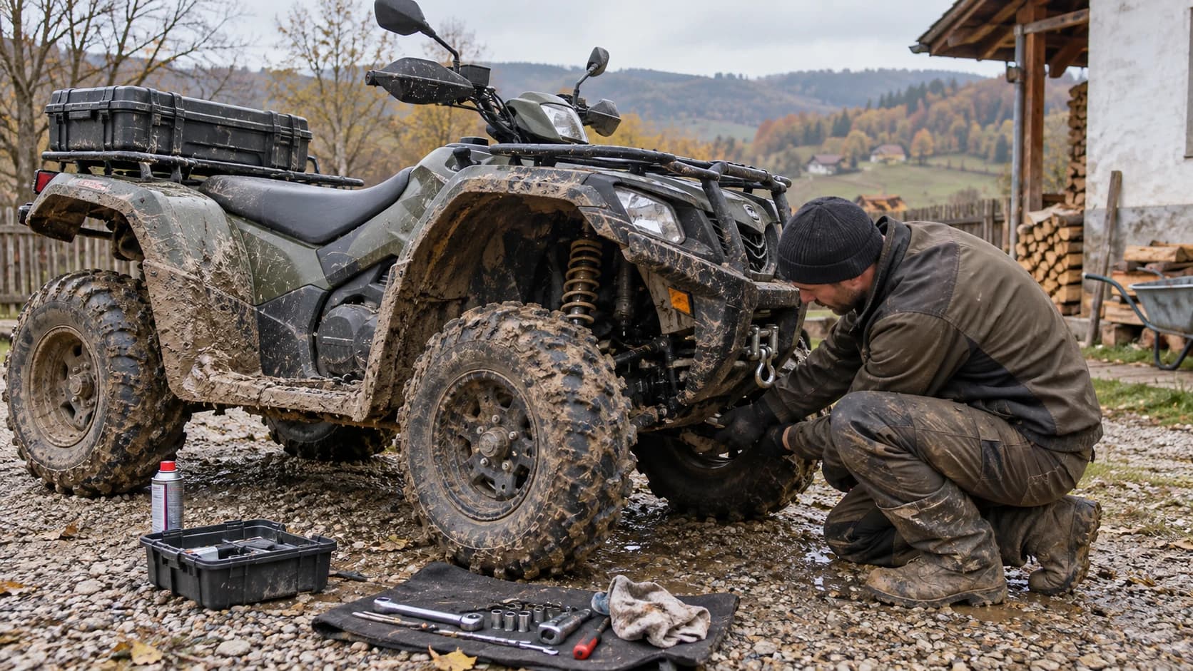 ATV murdar inspectat lângă roata față într-o curte rurală