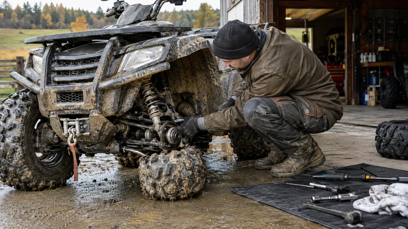 Mecanic verificând roata unui ATV plin de noroi lângă un garaj rural