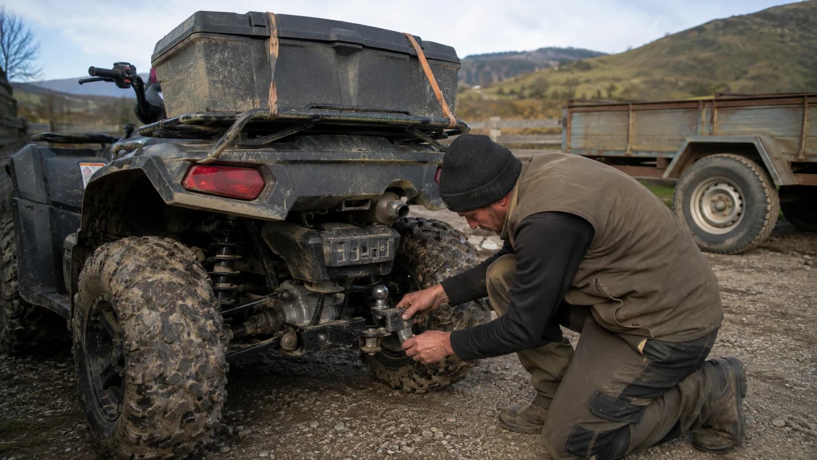 ATV utilitar fără marcă verificat la cârligul de remorcare într-o curte rurală