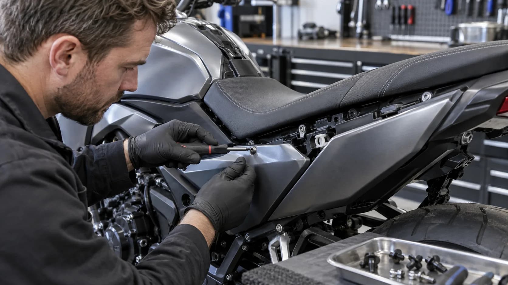 mână cu cheie dinamometrică mică verificând prinderea carenajului unei motociclete