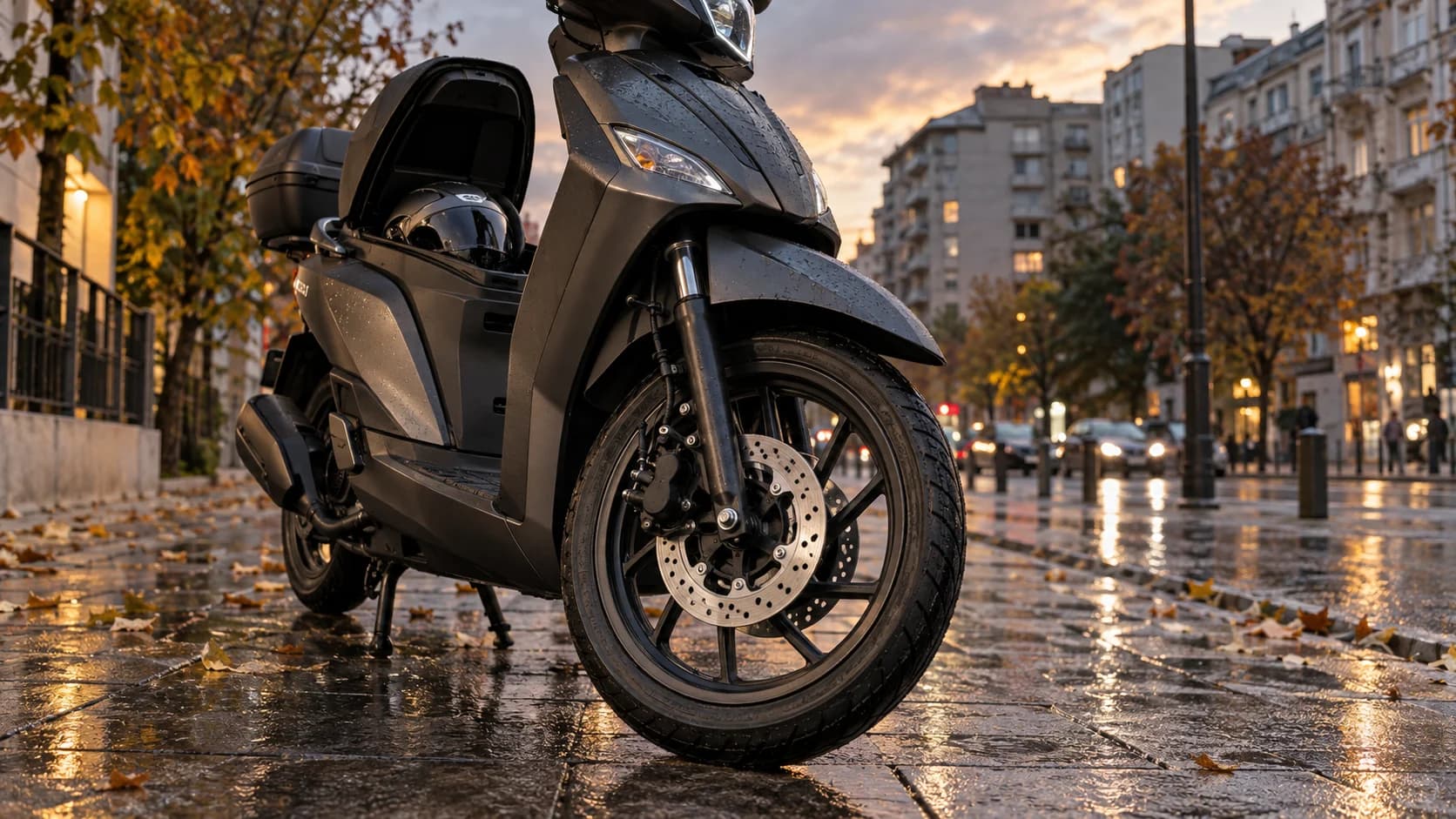 Scuter 125 fără sigle fotografiat pe asfalt ud cu discul de frână vizibil