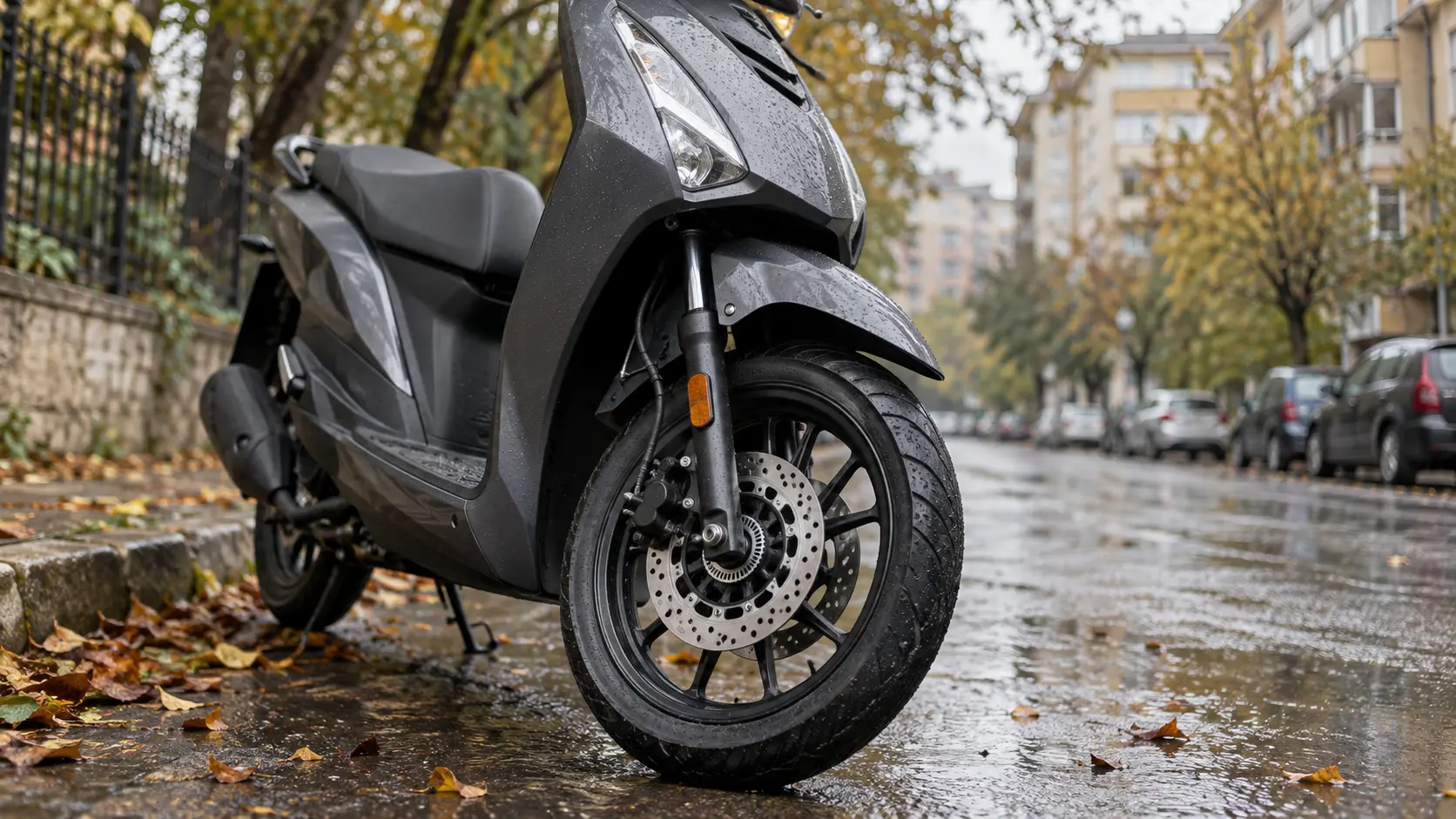 Roata față a unui scuter 125 pe asfalt ud, cu discul de frână și inelul ABS vizibile
