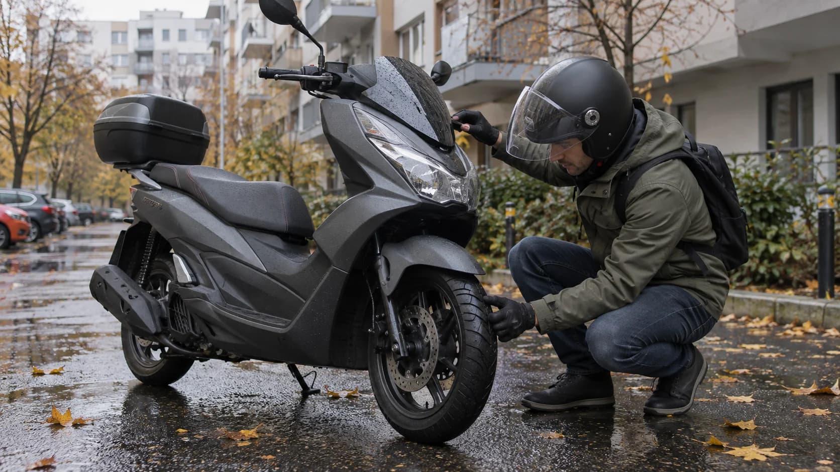 Rider verificând anvelopa unui scuter 125 pe asfalt ud lângă blocuri