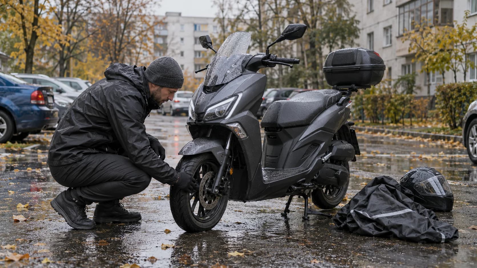 Scuter 125 verificat într-o parcare udă de bloc