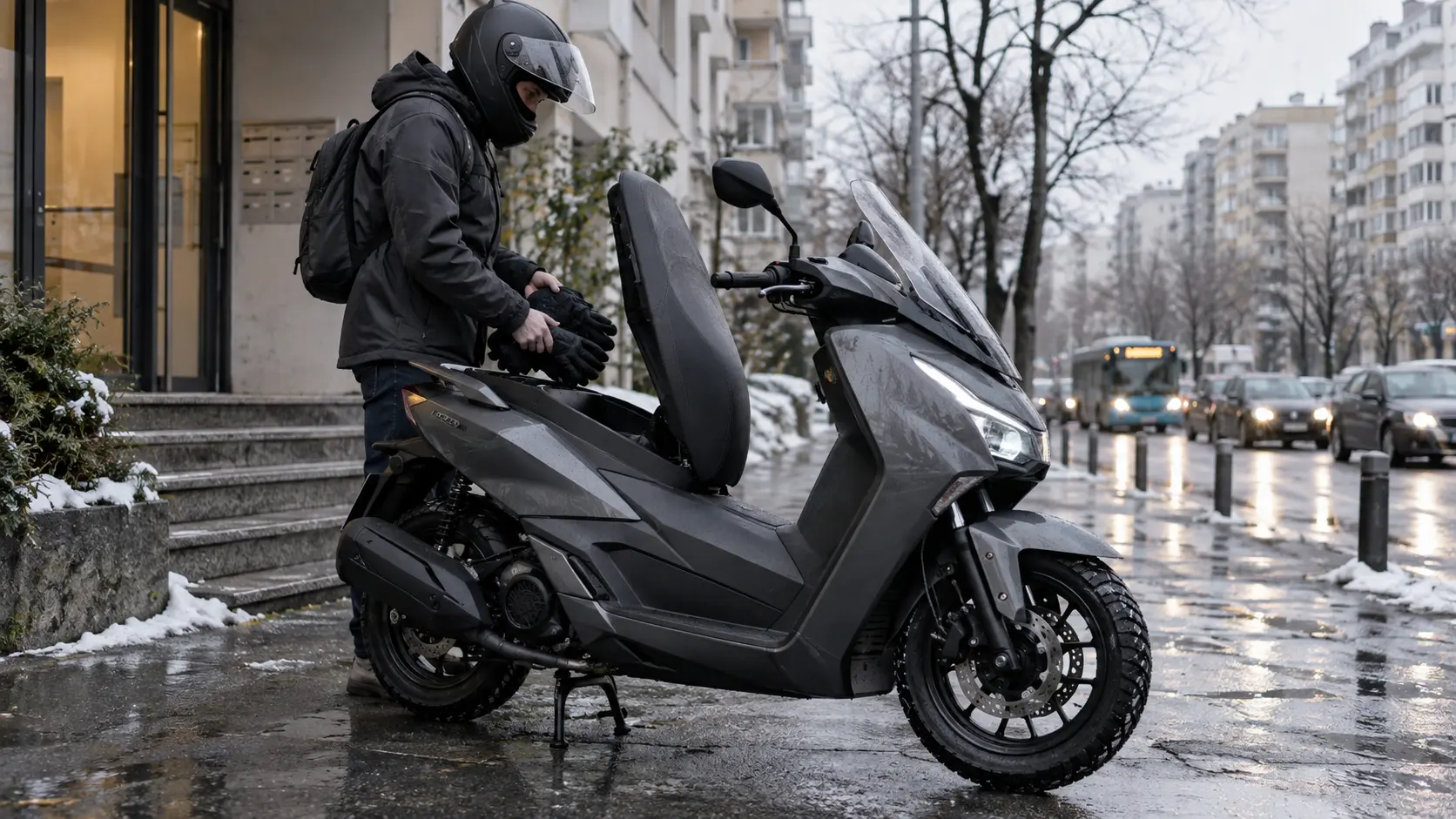 Scuter urban pregătit pentru navetă pe carosabil ud și rece