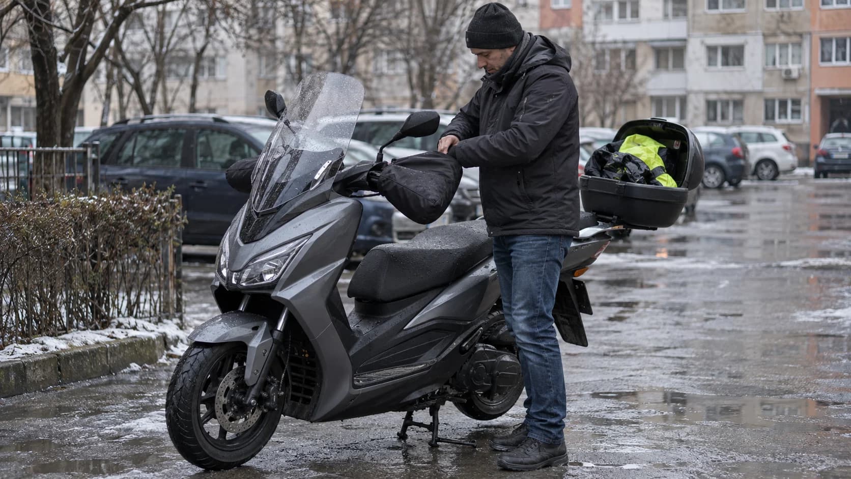 Scuter urban pregătit pentru navetă rece cu manșoane și top case
