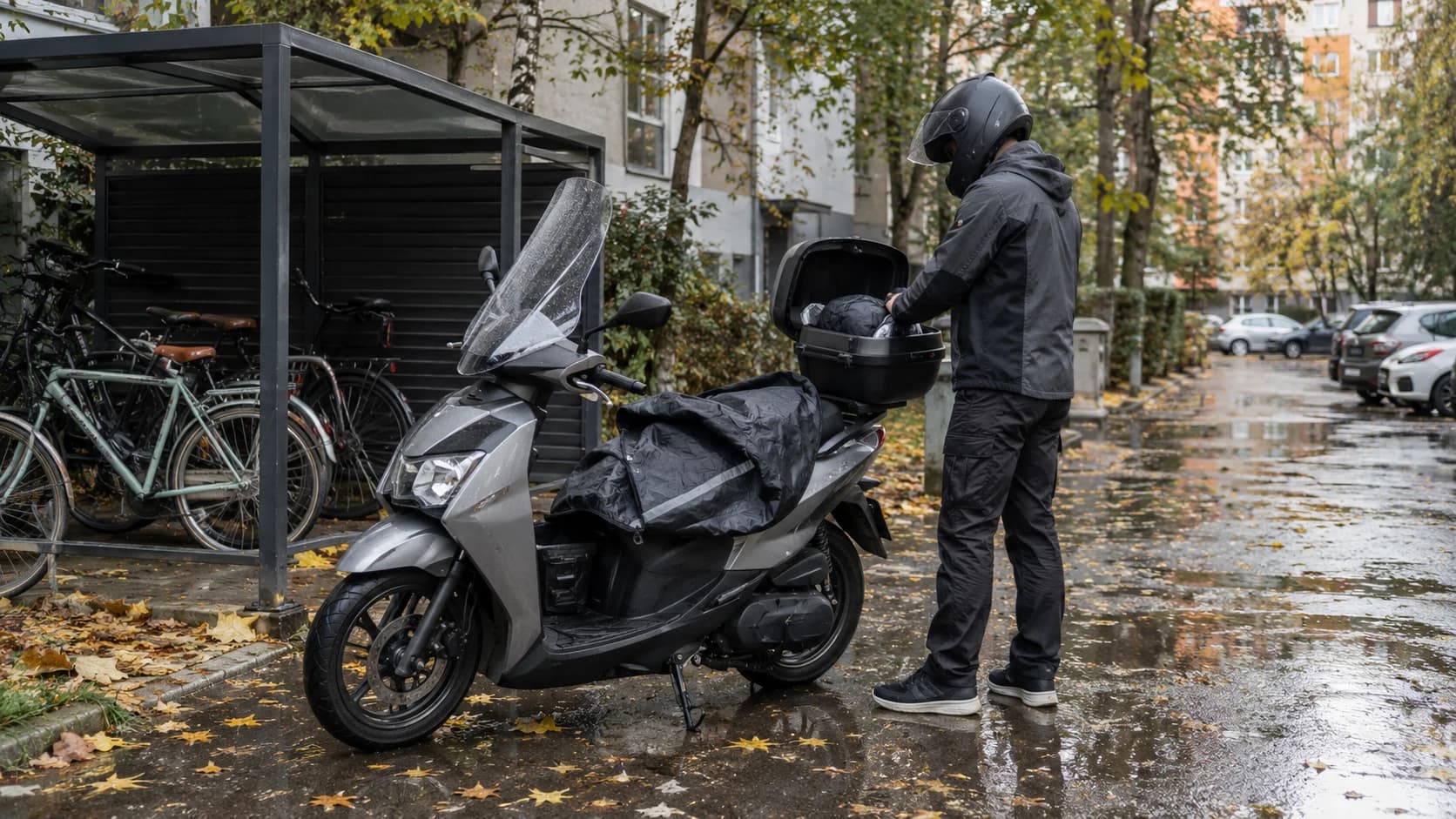 rider verificând topcase-ul unui scuter 125 lângă bloc după ploaie