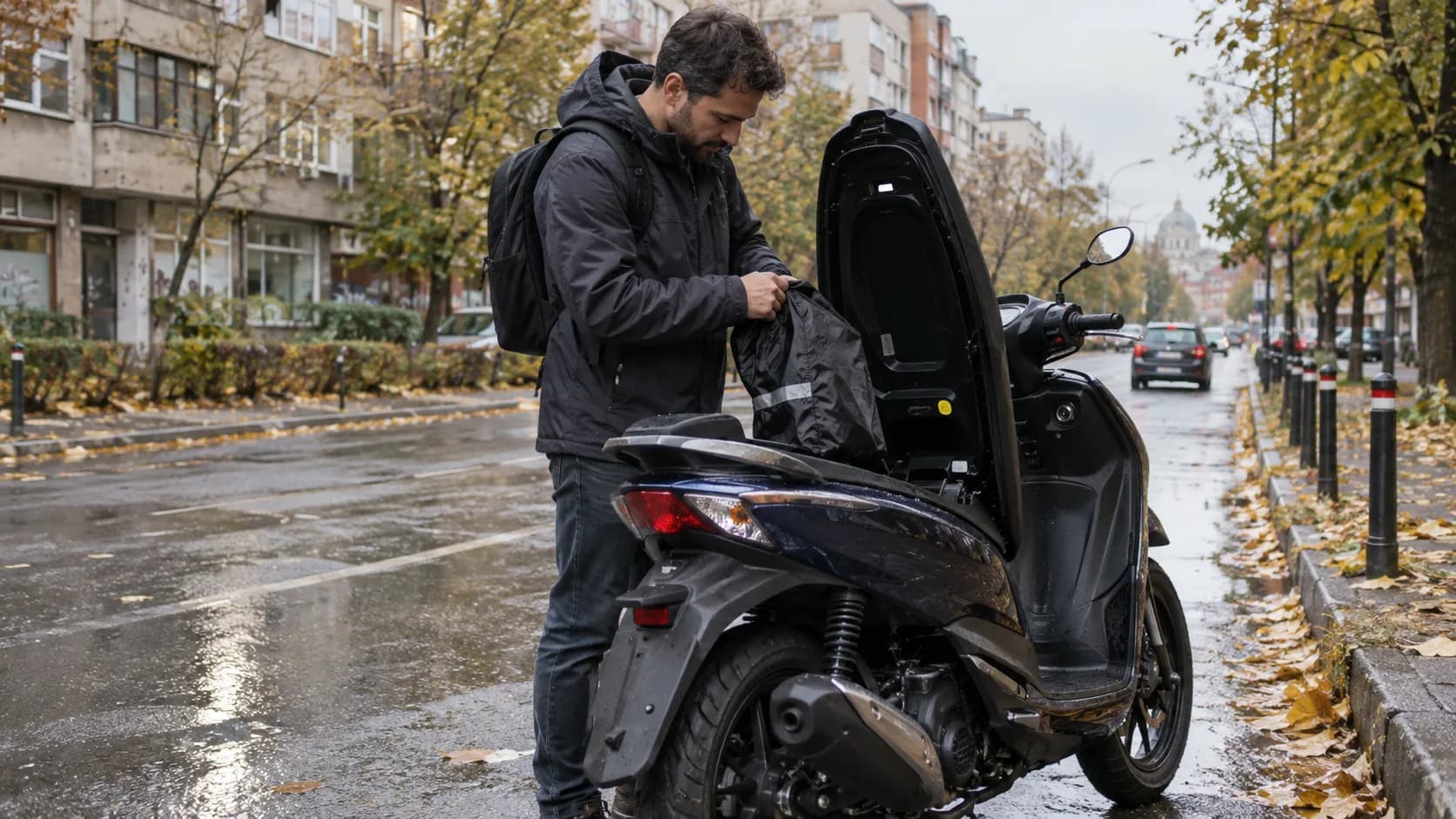 Rider punând o geantă de ploaie în portbagajul unui scuter pe stradă udă