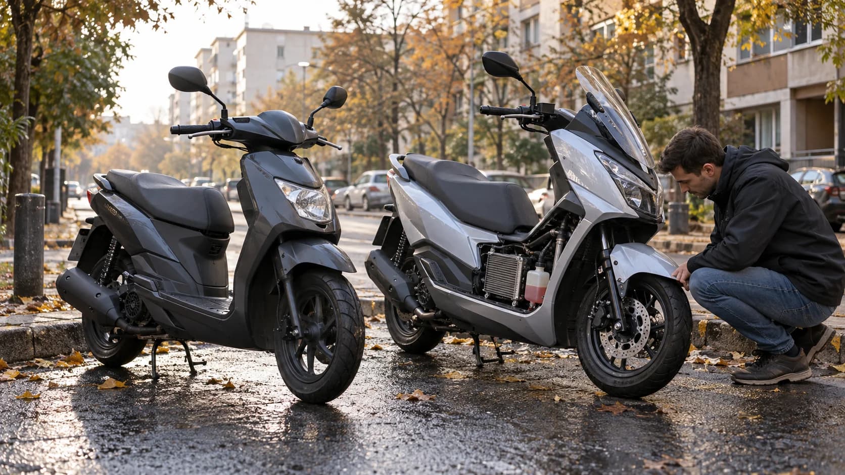 Două scutere 125 fără sigle comparate pe o stradă urbană după ploaie