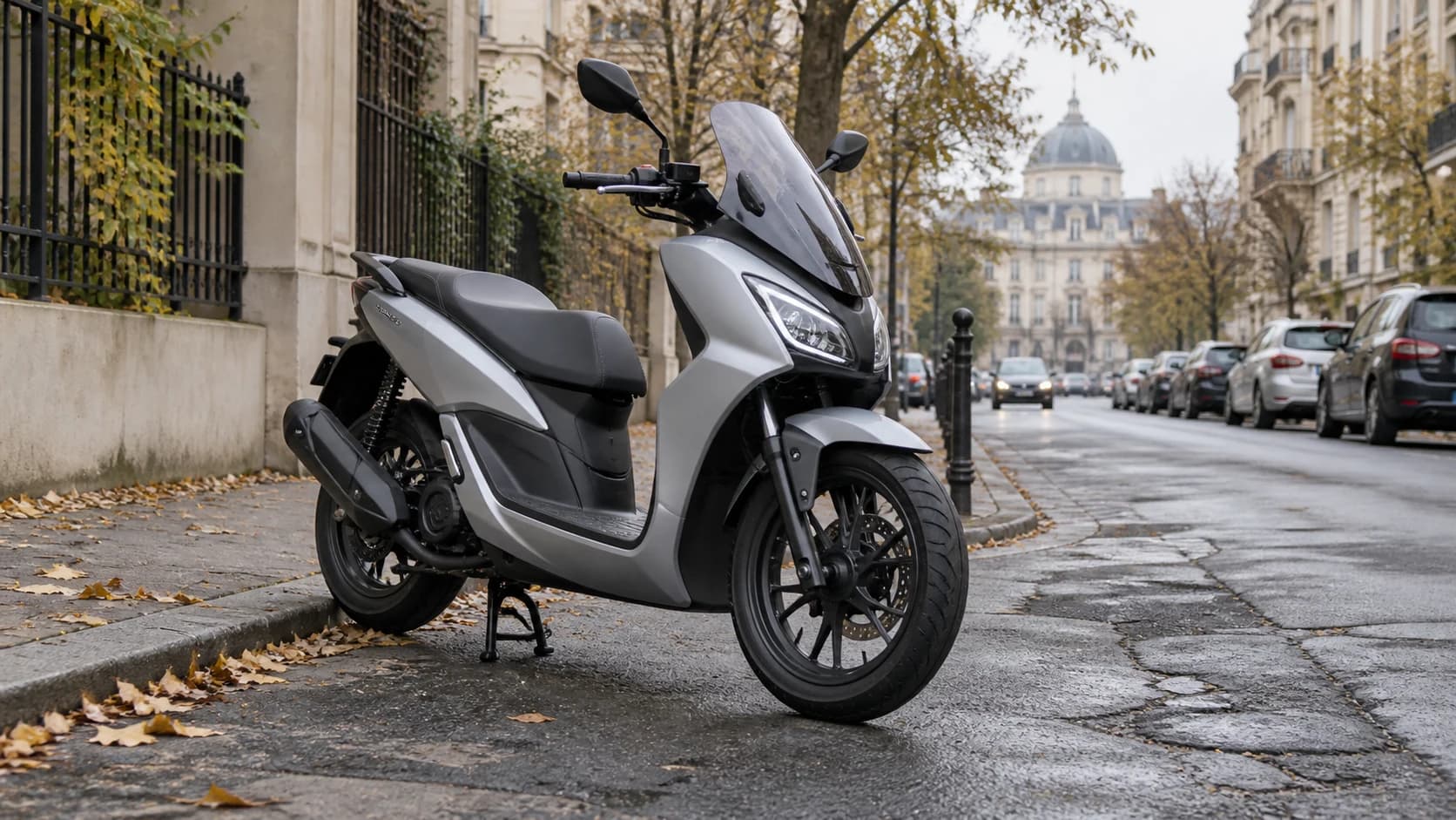 Scuter 125 cu roți mari parcat pe o stradă urbană cu asfalt denivelat