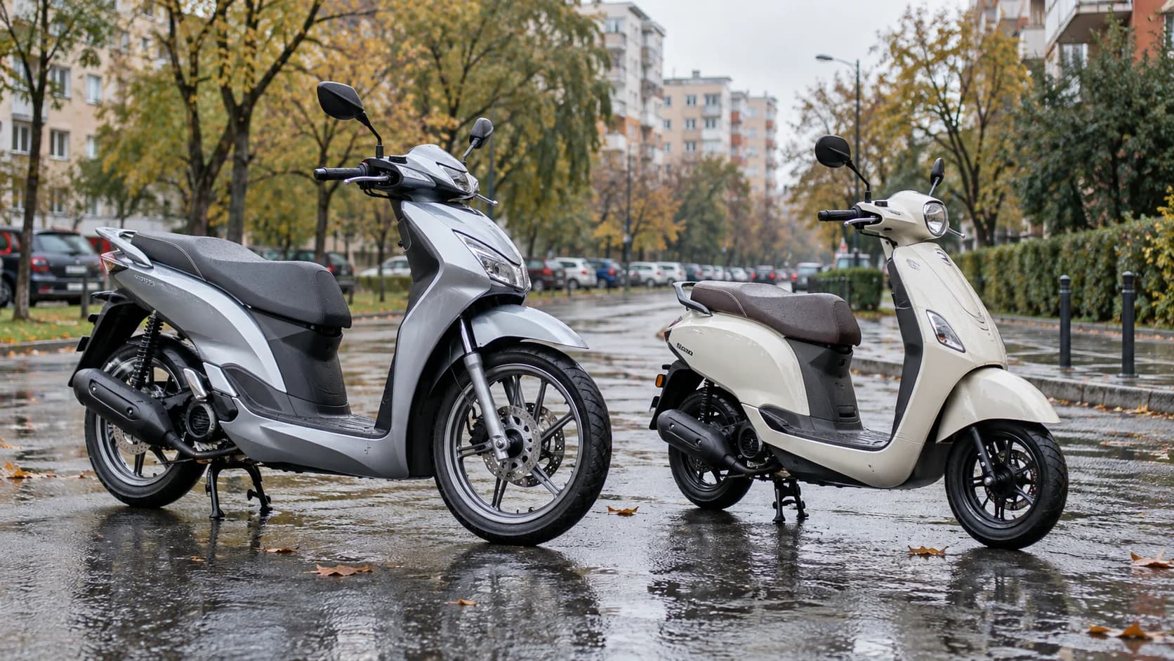 Două scutere 125 fără sigle pe asfalt ud, cu diferența de dimensiune a roților vizibilă