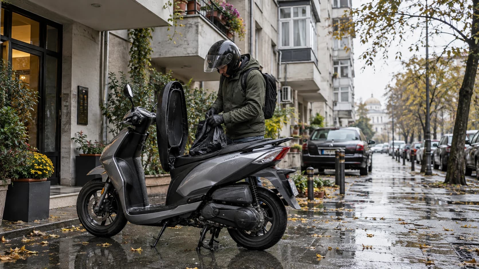 Rider pune o husă de ploaie în compartimentul unui scuter 125 pe o stradă udă