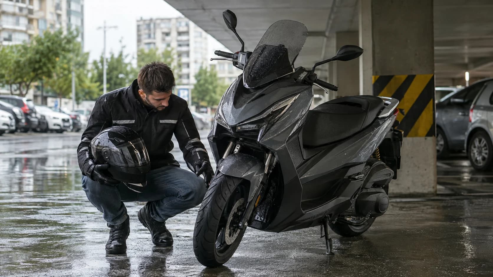 Rider verificând anvelopa unui scuter 125 într-o parcare udă
