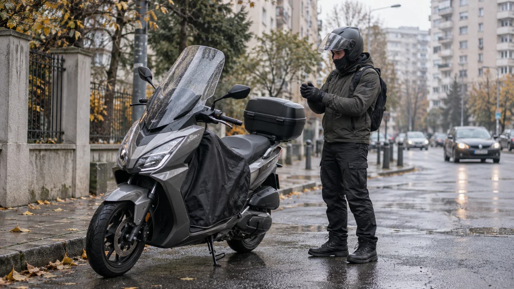 Scuter de cilindree medie cu parbriz mare pe o stradă udă de oraș