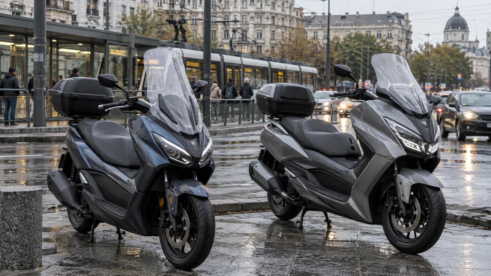 Două maxi-scutere parcate pe asfalt ud lângă trafic urban