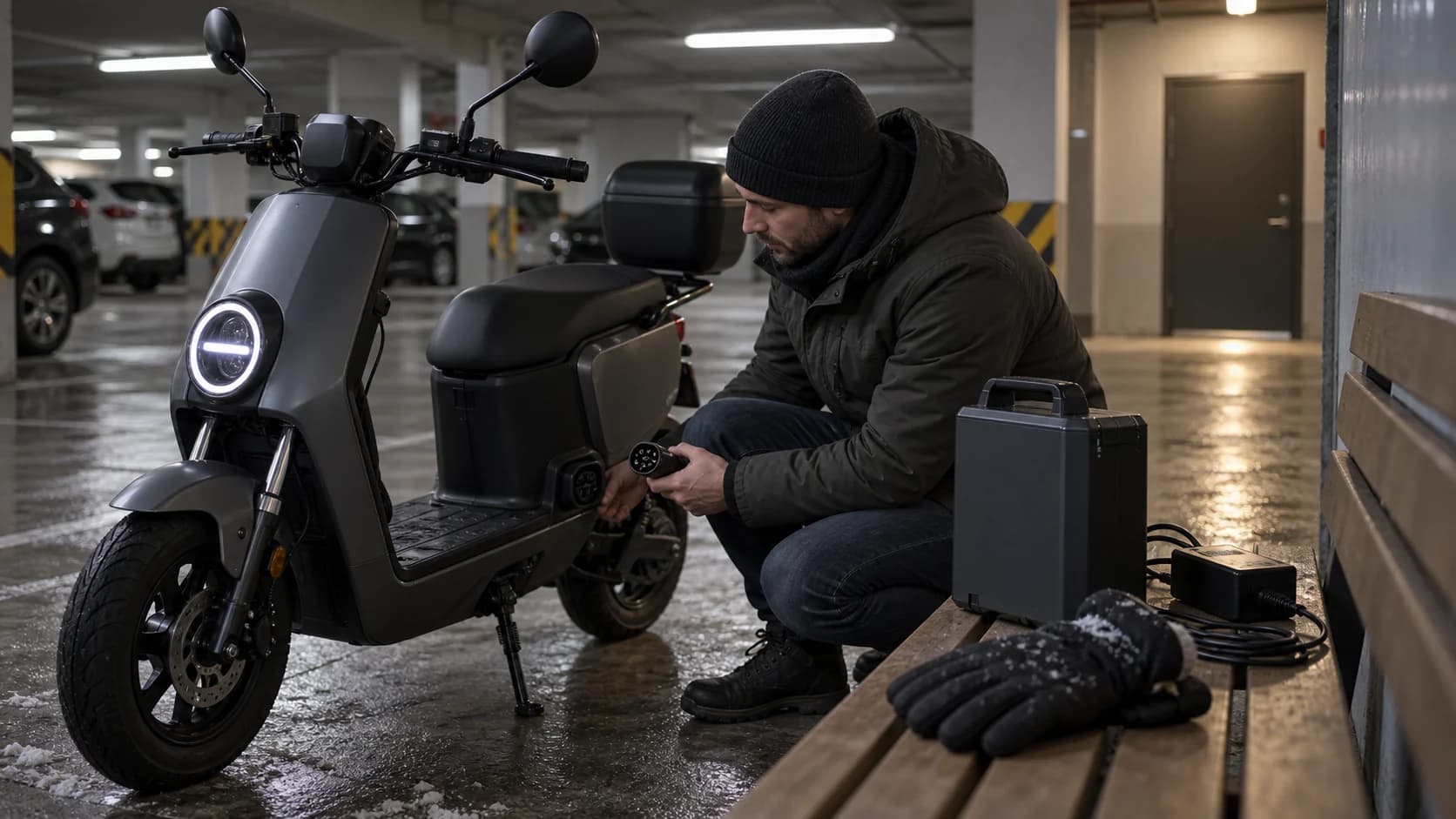 Scuter electric cu baterie detașabilă verificată într-o parcare subterană
