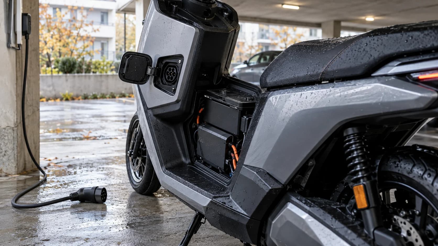Scuter electric fără sigle cu portul de încărcare deschis într-o parcare acoperită